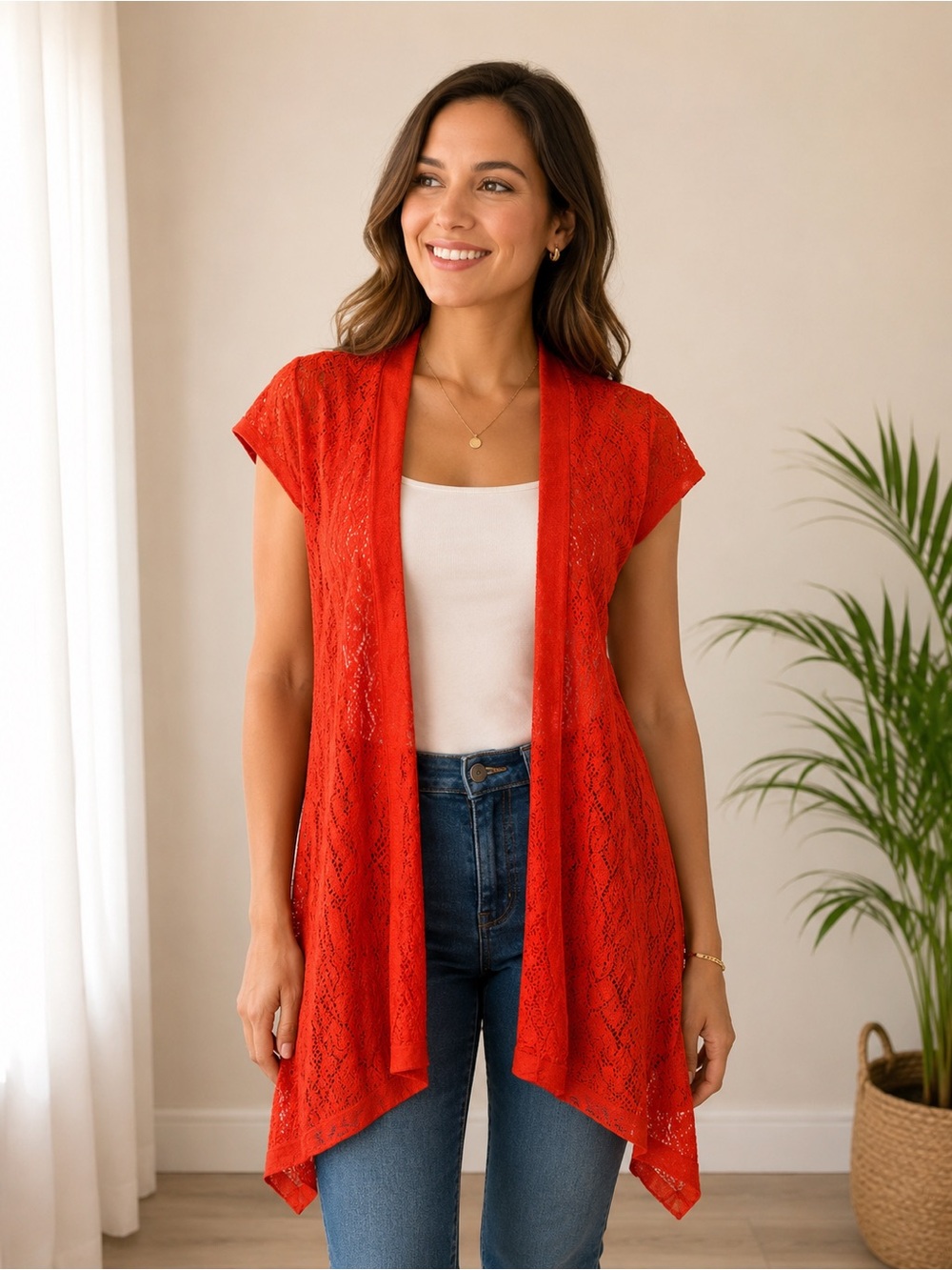 Questions Orange Lace Open Front Shrug Cardigan Women’s Medium